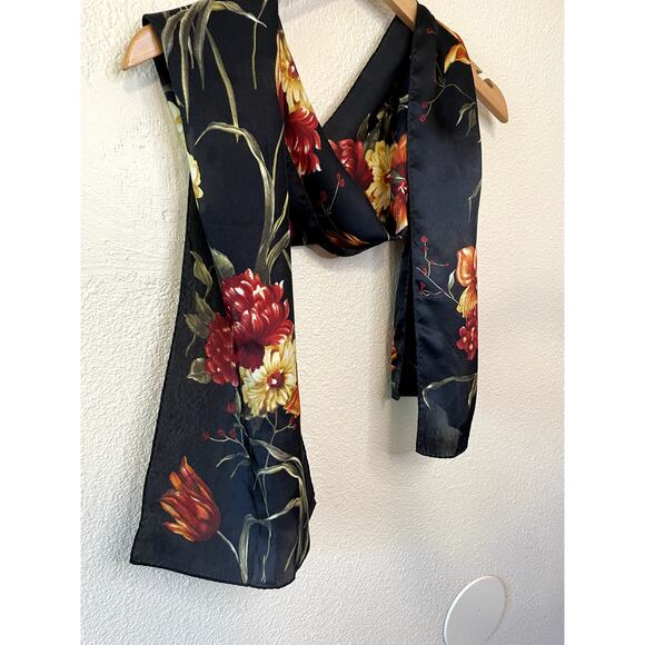 ECHO Black W/ Orange & Red Floral Print Silk Cottage Core Style Long Scarf - Picture 2 of 8